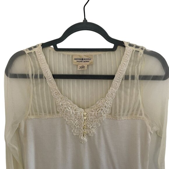 Denim & Supply Ralph Lauren Y2K Ribbed Preppy Henley Top Lace Size L Sheer Cream - Picture 2 of 8